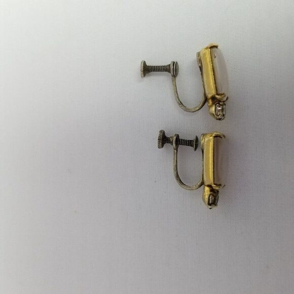 Vintage Sterling Silver Rectangle Rhinestone Clip On Screw Back Earrings, Gold - Picture 3 of 8